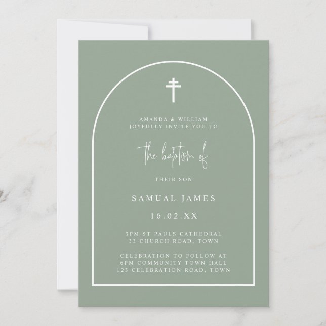 Alternativ 2: Sage Grönt Arch Minimalist Baptism Inbjudningar (Framsida)