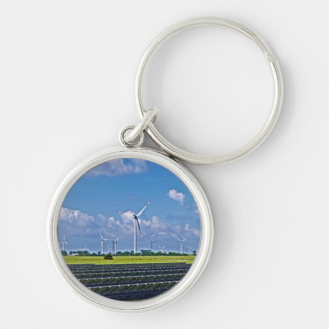 Alternativ energi - Solenergi och Vind Rund Silverfärgad Nyckelring (Framsidan)