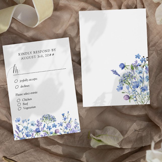 Alternativ för Blommigt av Periwinkle Wildblomme B OSA Kort (Wedding RSVP with Menu Selection from my Lilac + Periwinkle Wildflower Wedding Collection)