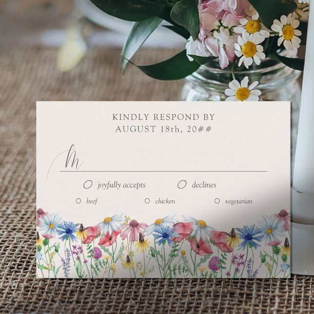 Alternativ för blomsterlöv i Bröllop Land OSA Kort (Wedding Reception RSVP with editable meal options and wildflower border. )