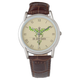 Alternativ medicinsk Caduceus Grönt Lövs Beige Armbandsur
