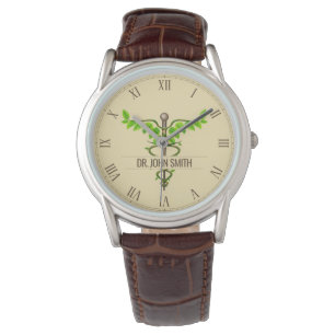 Alternativ medicinsk Caduceus Grönt Lövs Beige Armbandsur