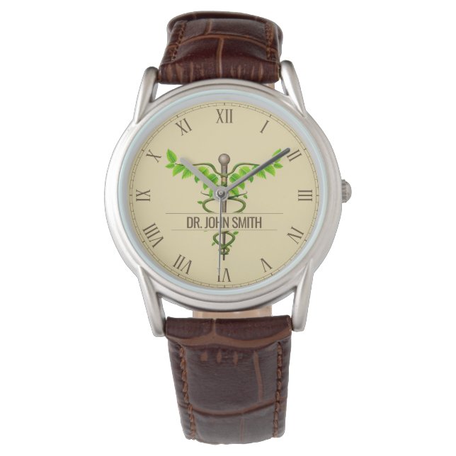 Alternativ medicinsk Caduceus Grönt Lövs Beige Armbandsur (Framsida)