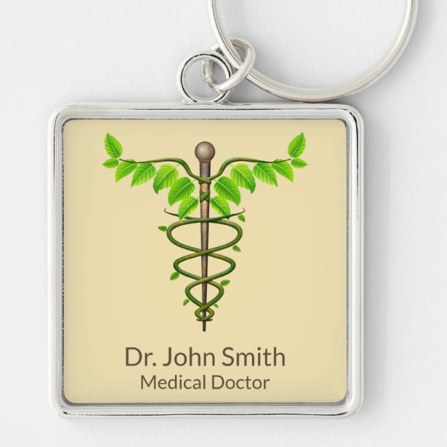 Alternativ medicinsk Caduceus Grönt Lövs Beige Fyrkantig Silverfärgad Nyckelring (Framsidan)