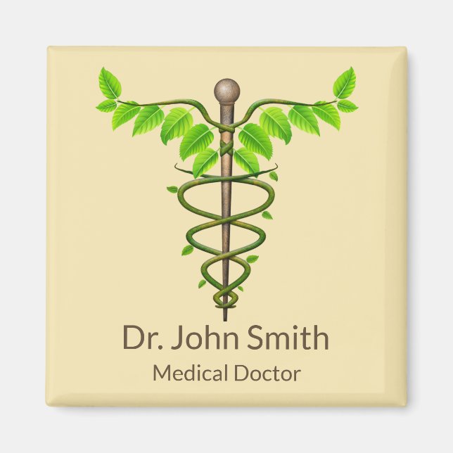 Alternativ medicinsk Caduceus Grönt Lövs Beige Magnet (Framsidan)