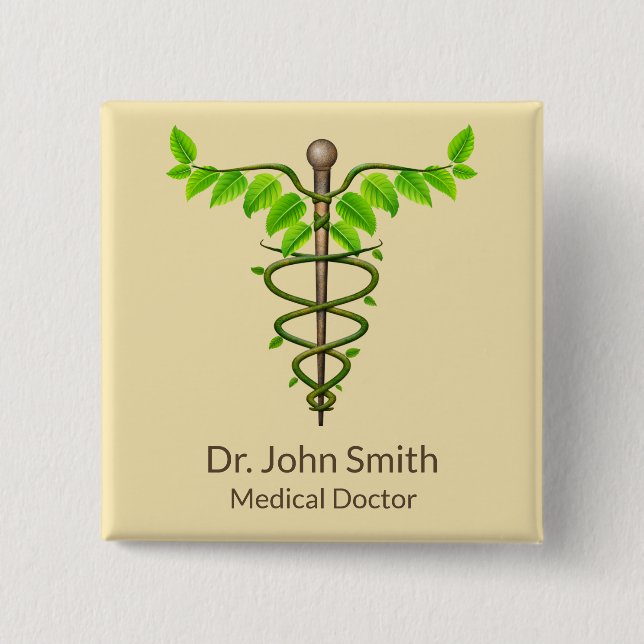 Alternativ Medicinsk Kaduceus Gröna blad Beige Knapp (Framsida)