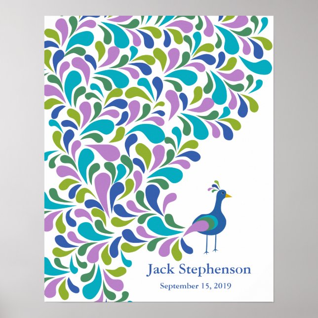 Alternativt gästebok för baby shower med påfågel poster (Framsidan)