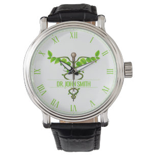 Alternativt medicinskt Caduceus Grönt Löv White Armbandsur