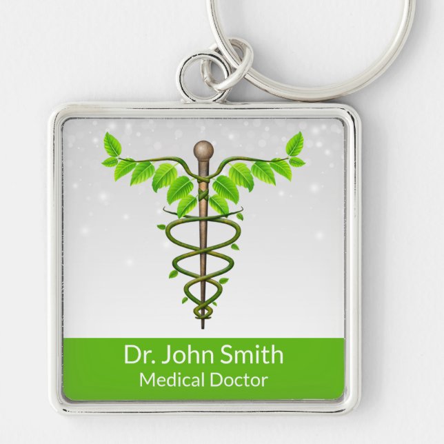 Alternativt medicinskt Caduceus Grönt Löv White Fyrkantig Silverfärgad Nyckelring (Framsidan)