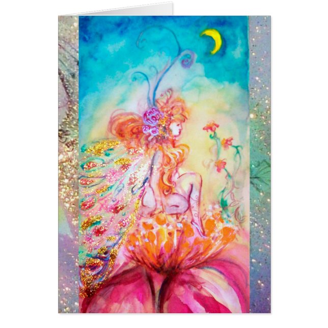 ALTHEA /Whimsical Fairy on Rosa Flower Hälsningskort (Framsidan)