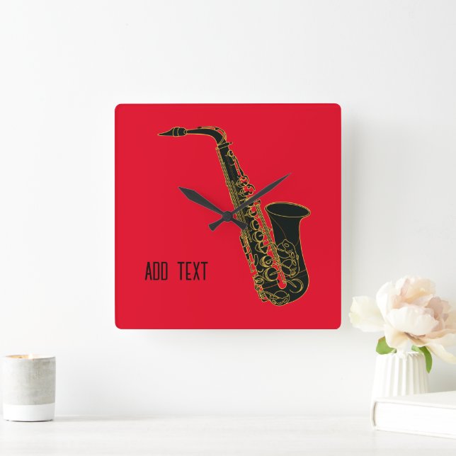 Alto Saxophone on Red Personalizable Fyrkantig Klocka (Hem)