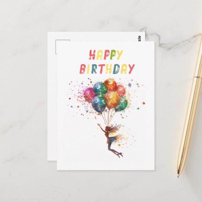 Älva och ballonger Färgglad Glad födelsedag Vykort (Fram/Back In Situ)