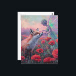 Älva och en röd räv  vykort<br><div class="desc">En söt räv och en älva i vallmoblommor fantasikonst</div>