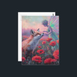 Älva och en röd räv  vykort<br><div class="desc">En söt räv och en älva i vallmoblommor fantasikonst</div>