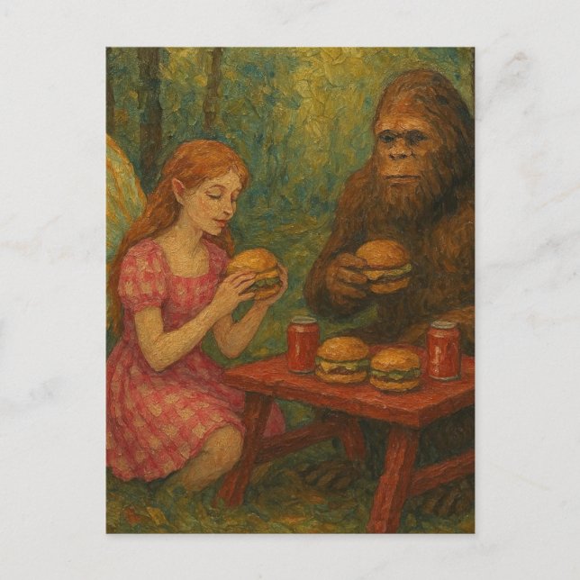 Älva och Sasquatch äter cheeseburgare i skogen Vykort (Framsida)