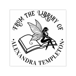 Älva på öppen bok “Från bibliotek av” Namn Självfärgande Stämpel