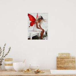 Älva som sitter på en brygga med fötterna i vattne poster