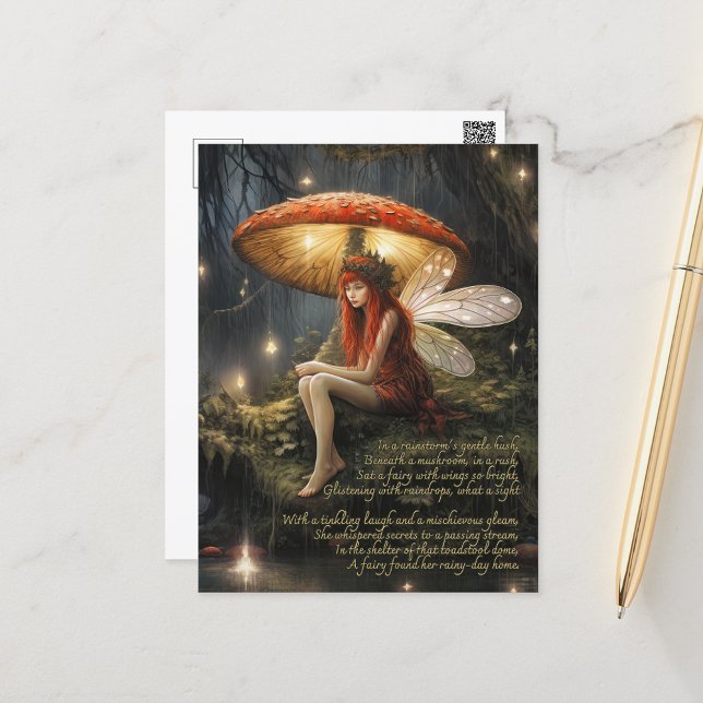 Älva under svamp i regnet vykort (Fantasy postcard with a cute poem about a faerie waiting out the rain under a mushroom.)