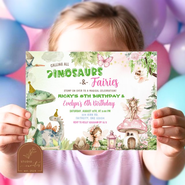 Älvor och dinosaurier gemensam födelsedag för pojk inbjudningar (Skapare uppladdad)