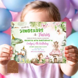 Älvor och dinosaurier Joint Boy and Girl Birthday Inbjudningar