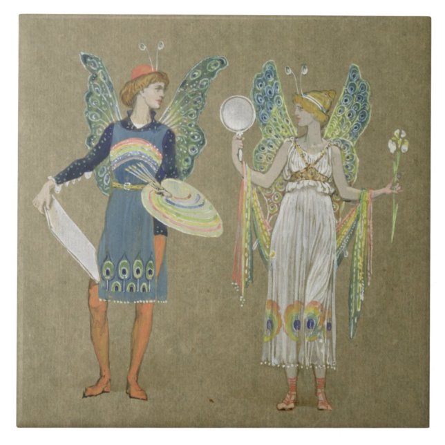 Älvor och femålare, från "snögubben" 1899 kakelplatta (Framsidan)