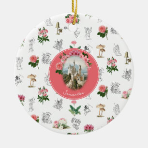 Älvor Rosa Blommigt Mushroom Fairy Castle Monogram Julgransprydnad Keramik