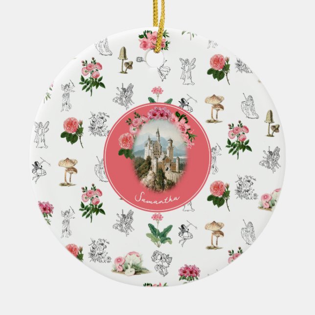 Älvor Rosa Blommigt Mushroom Fairy Castle Monogram Julgransprydnad Keramik (Framsidan)