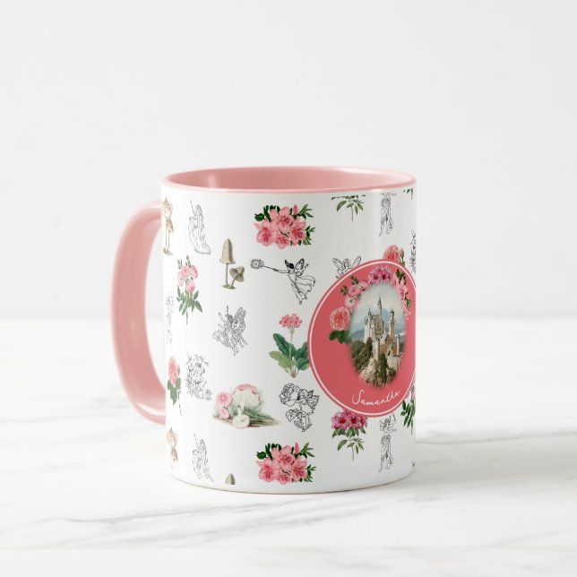 Älvor Rosa Blommigt Mushroom Fairy Castle Monogram Mugg (Framsida vänster)