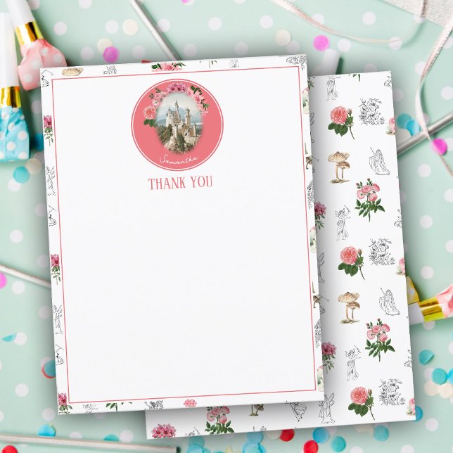 Älvor Rosa Blommigt Mushroom Fairy Castle Monogram Tack Kort (Fairies Pink Floral Mushroom Fairy Castle Monogram Thank You Card)