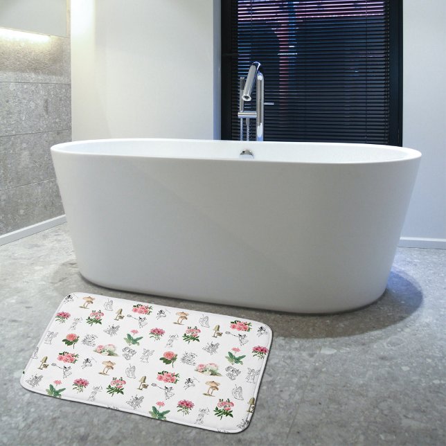 Älvor Rosa Blommigt & Mushroom Fairy Mönster Badrumsmatta (Fairies Pink Floral & Mushroom Fairy Pattern Bath Mat)