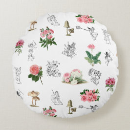Älvor Rosa Blommigt & Mushroom Fairy Mönster Rund Kudde