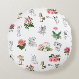 Älvor Rosa Blommigt & Mushroom Fairy Mönster Rund Kudde