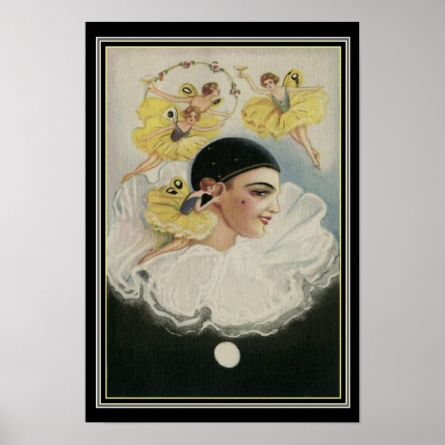 "Älvor som dansar runt Pierrot" Art Deco Print Poster (Framsidan)