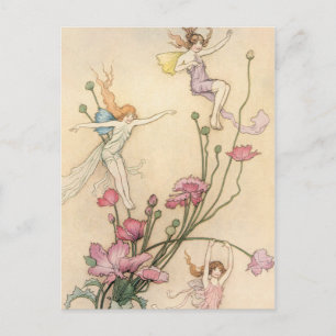 Älvor som hoppar på blommor vykort