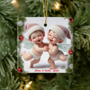 Älvor vid jul i två Baby Julgransprydnad Keramik