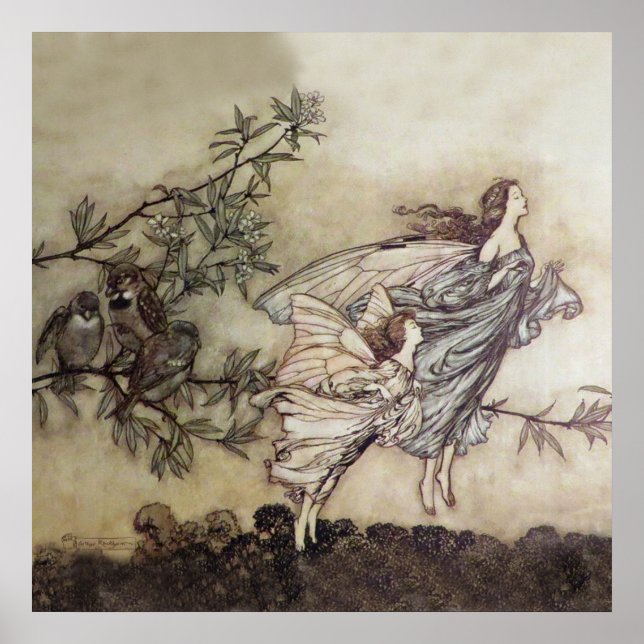 “Älvornas gräl med fåglarna” av Arthur Rackham Poster (Framsidan)
