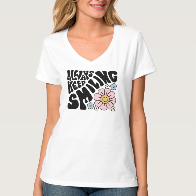 "Always Keep Smiling" Groovy 70s Font T Shirt (Framsida)
