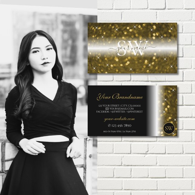 Alxury Black Guld Sparkling Glitter Stars Monogram Visitkort (Skapare uppladdad)