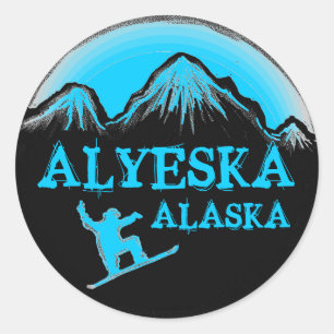 Alyeska Alaska Blue snowboarder-klistermärken Runt Klistermärke
