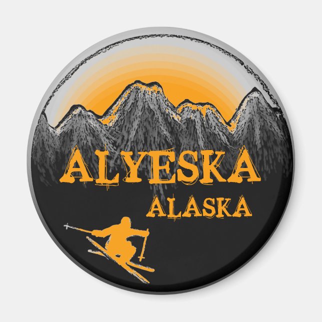 Alyeska Alaska orange skier magnet (Framsidan)