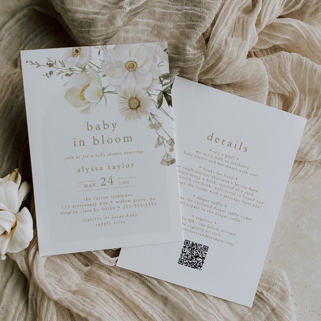 ALYSSA-Blommigt QR Flower Baby i babyskor i blomma Inbjudningar (ALYSSA Floral QR Flower Baby In Bloom Baby Shower Invitation)