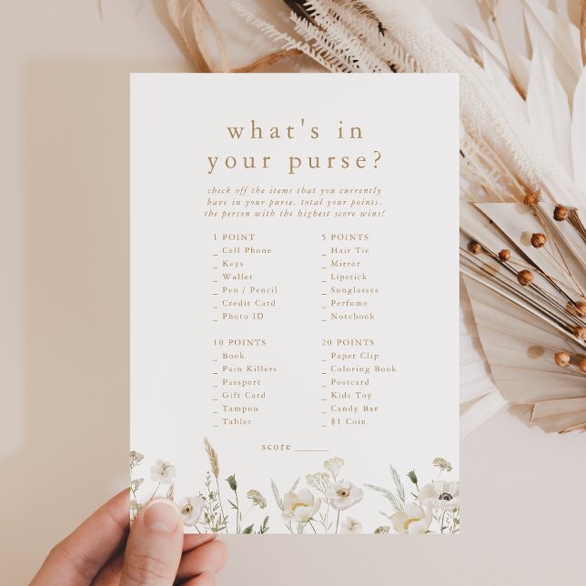 ALYSSA Boho Flower What's in your Purse Game Card Inbjudningar (ALYSSA Boho Flower What's In Your Purse Game Card)