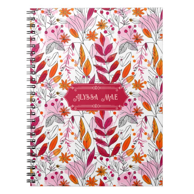 Alyssa Mae Hand plockade Rosa och Orange Foliage Anteckningsbok (Framsidan)