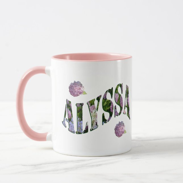 Alyssa, Namn Logotyp tillverkad med Hydrangeas, Mugg (Vänster)