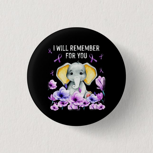 Alzheimer Awareness Cute Elephant Jag kommer ihåg Knapp (Framsida)