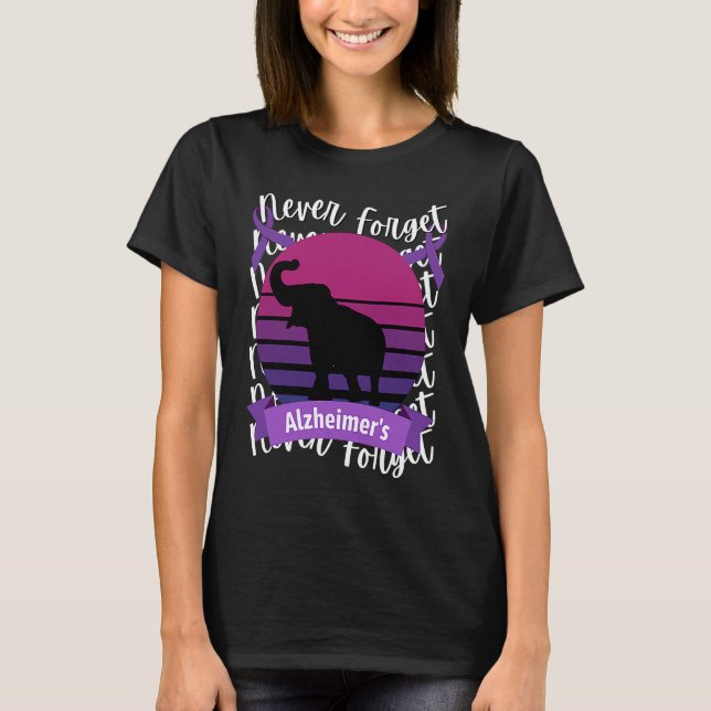 Alzheimer's Awareness Elephant Retro Sunset Purple T Shirt (Framsida)