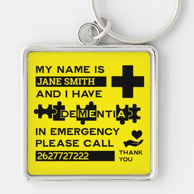 Alzheimers demensvarning fyrkantig silverfärgad nyckelring (Framsidan)