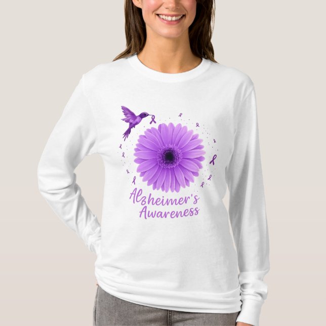 Alzheimers medvetenhet Lila Hummingbird Solros T Shirt (Framsida)