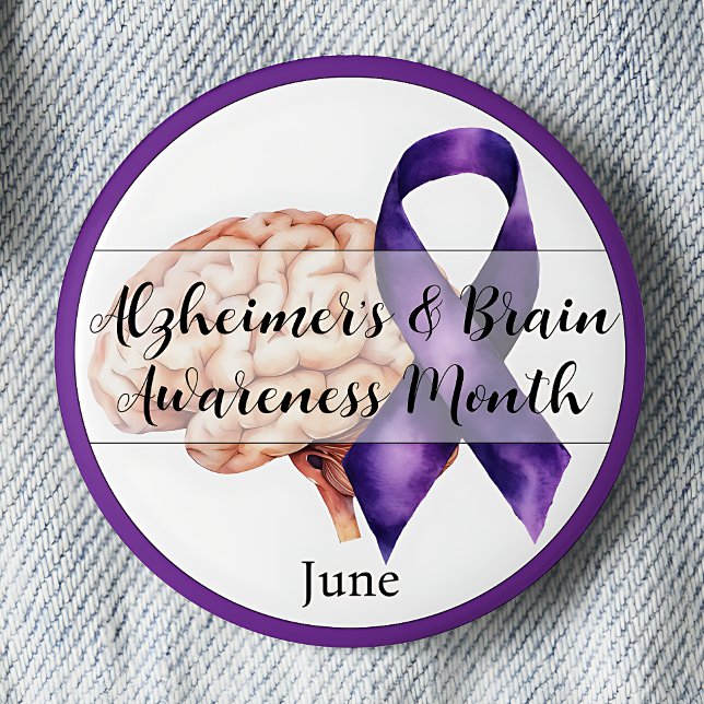 Alzheimers och hjärnans medvetandegrad Månad juni  Knapp (Alzheimers and Brain Awareness Month. June. Purple awareness ribbon.)