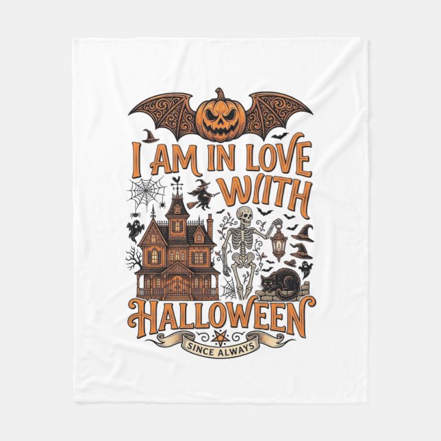 Am kärlek Halloween spökhus skelett pumpa_1 Fleecefilt (Framsidan)